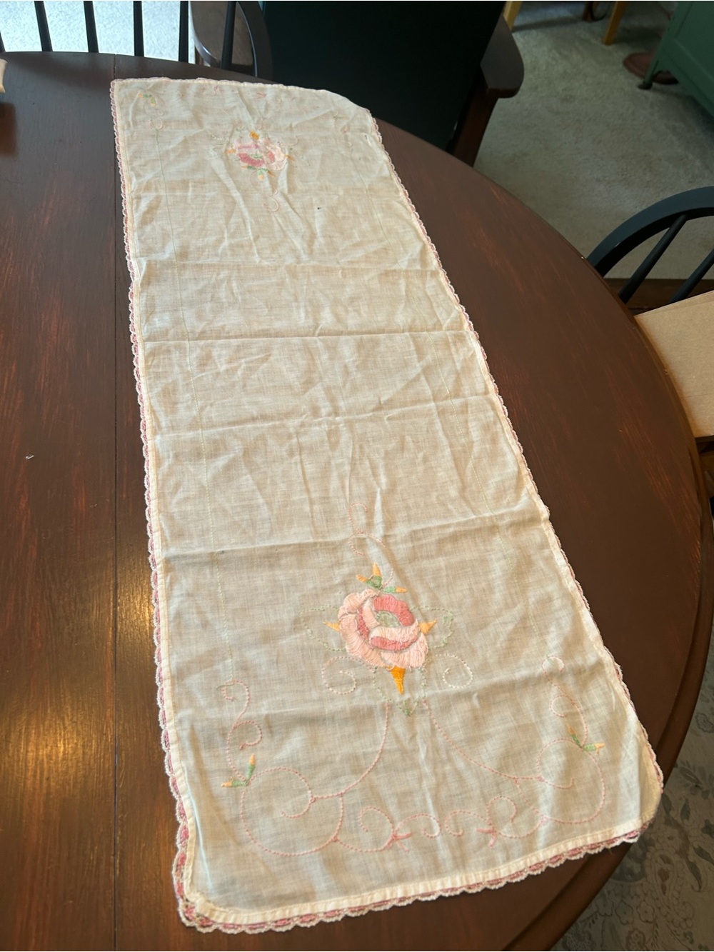 Embroidered Pink Rose Table Runner - Classic Floral Linen 41 in by 14 in